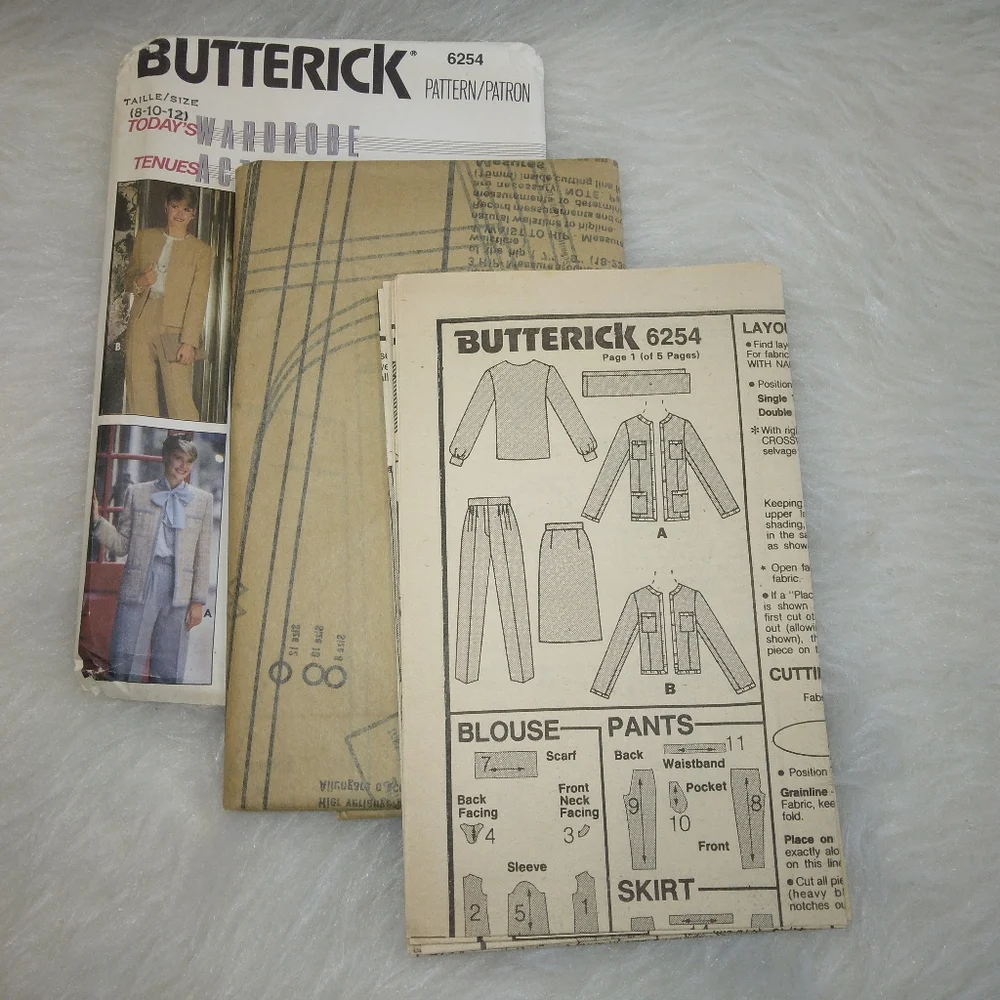 BUTTERICK 6254 Sz 8-12 Today's Wardrobe Misses Lined Jacket Skirt Pants blouse